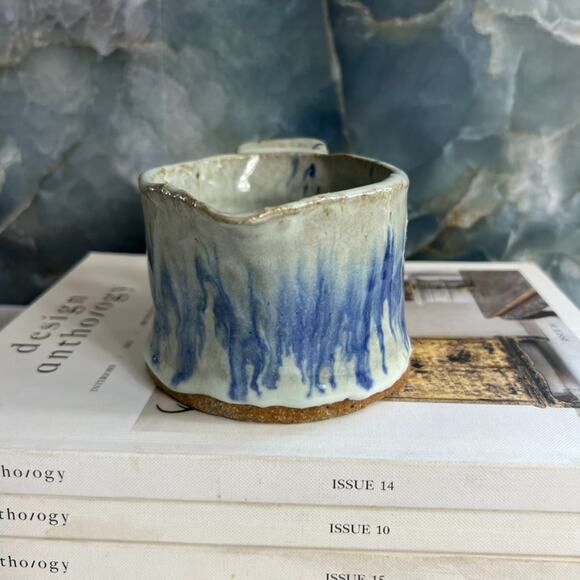 Studio Art Pottery Creamer Cup Handle Blue Gray Stoneware Freeform Drip Glaze - Picture 2 of 8